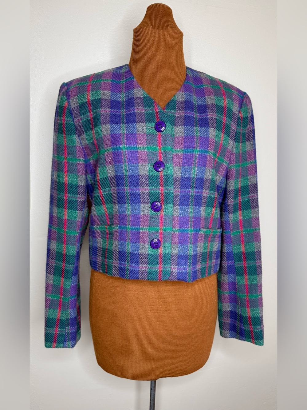 Carlisle Vintage Cropped Plaid Blazer Collarless Jewel Tones Size 8